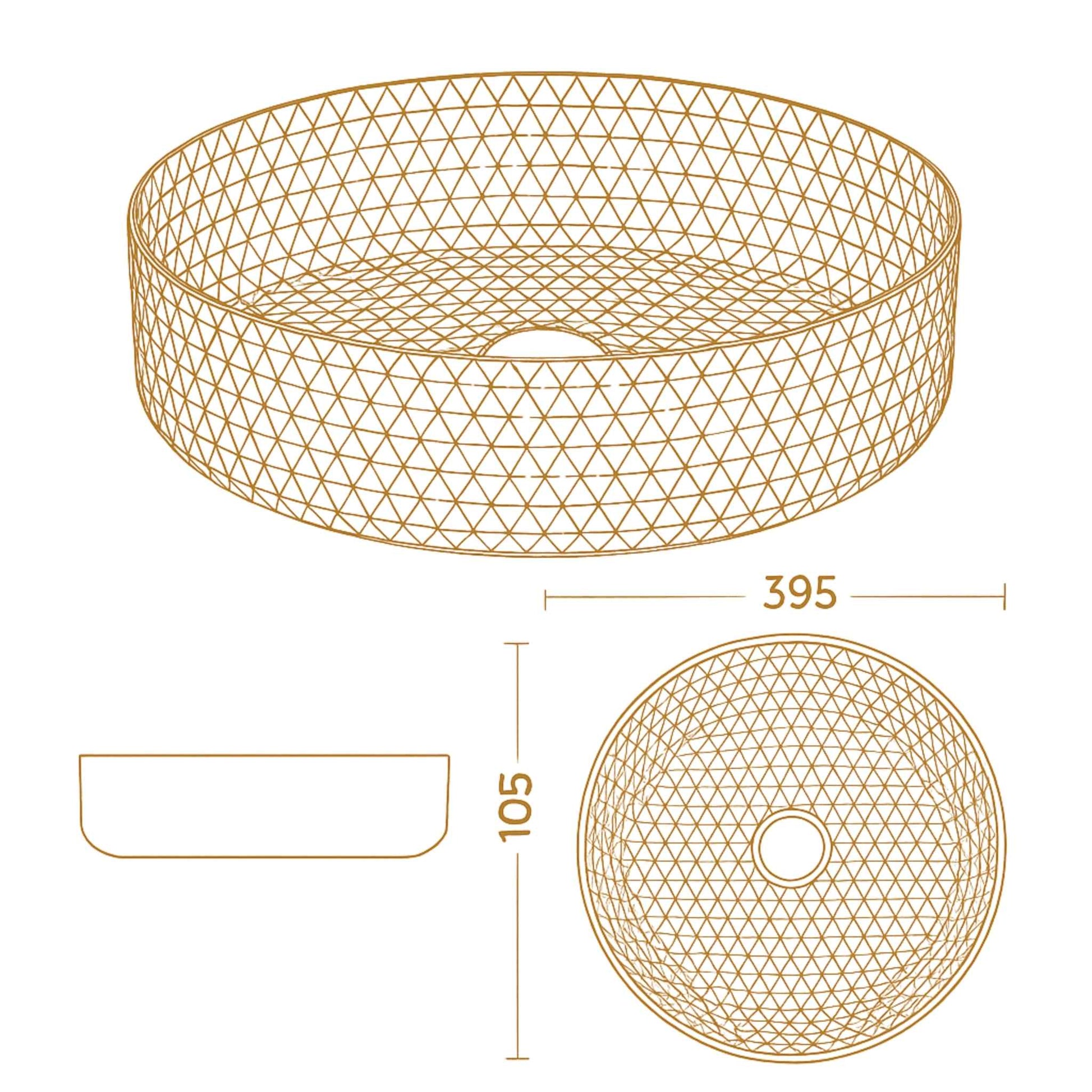 Technical dimension sketch of round golden glass bathroom wash basin