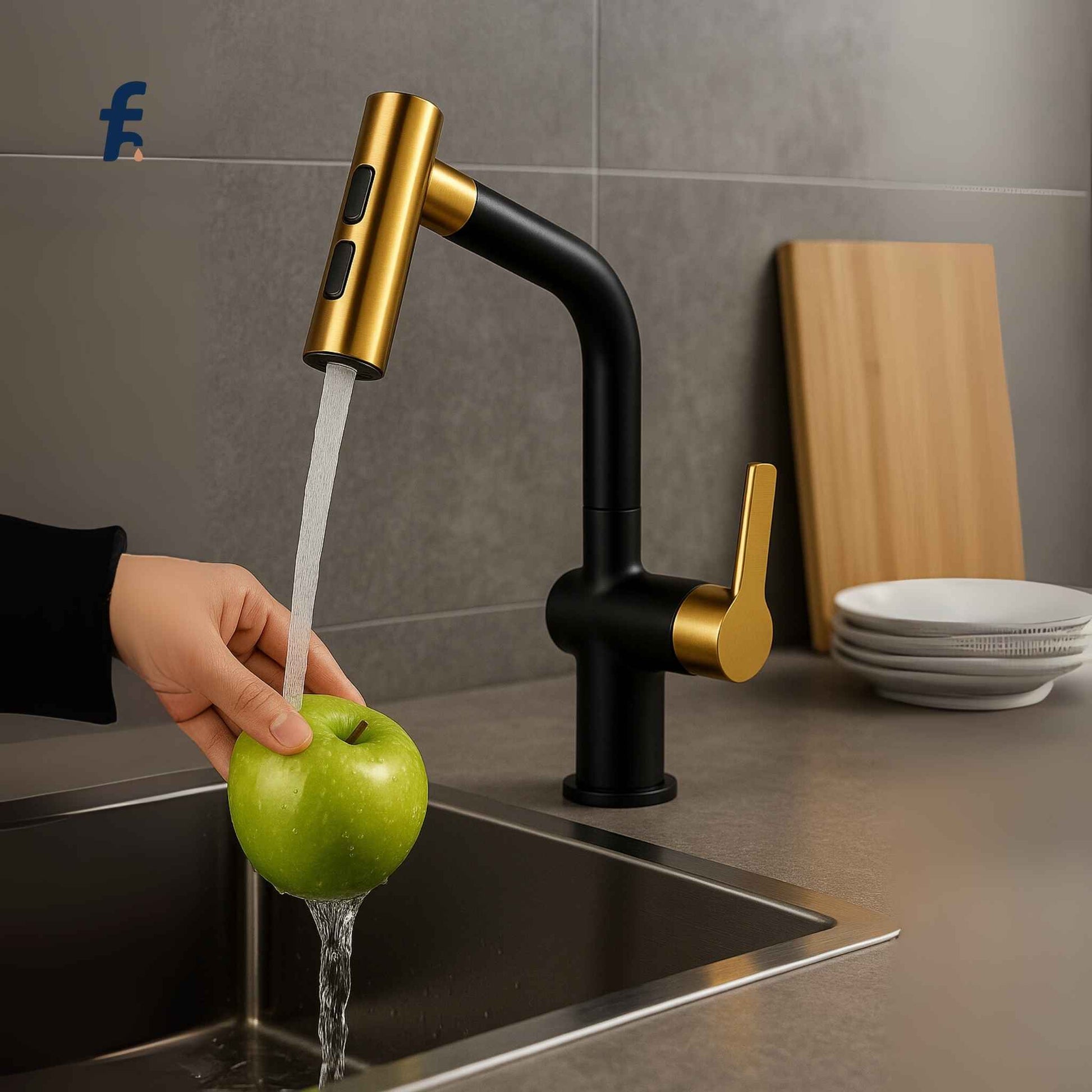 Luxury black and gold pull-out kitchen tap in use with hose extended and water flowing