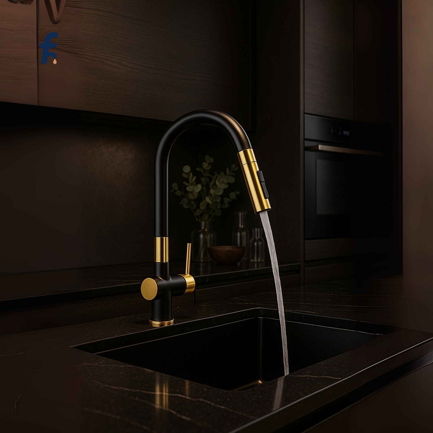 Modern kitchen faucet with water flowing in a darkly lit kitchen.