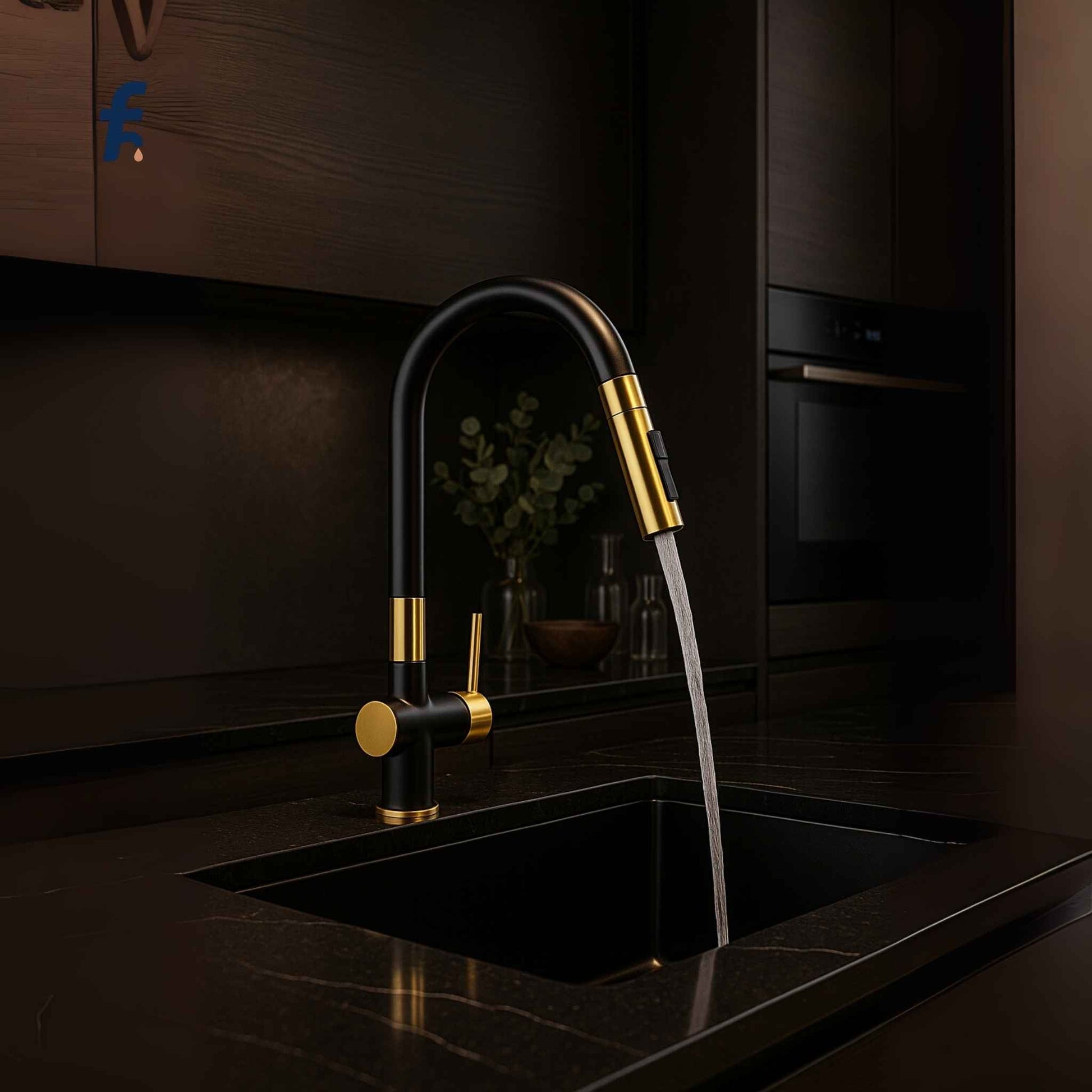 Modern kitchen faucet with water flowing in a darkly lit kitchen.