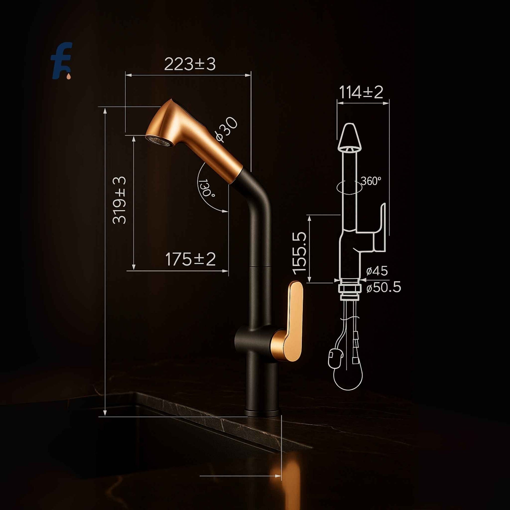 Black and gold kitchen faucet with measurement details on a dark background
