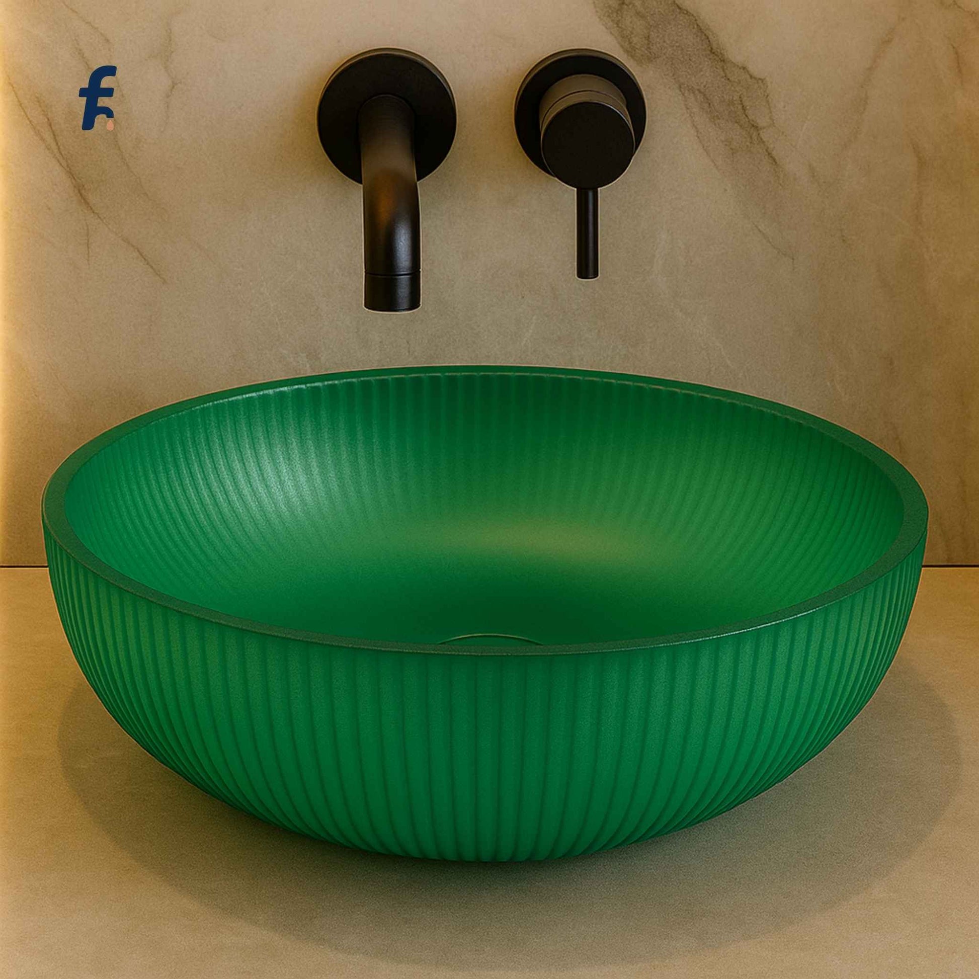 Close-up of ribbed detailing on emerald green glass round countertop sink