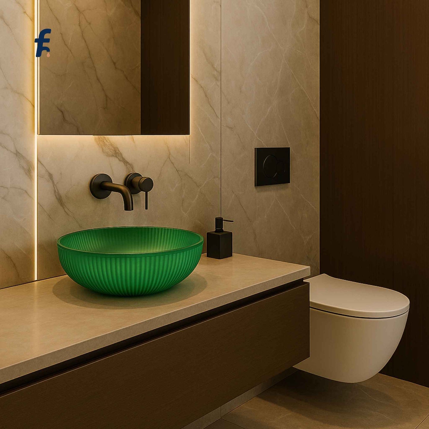 Modern bathroom with a glass green sink and beige walls.