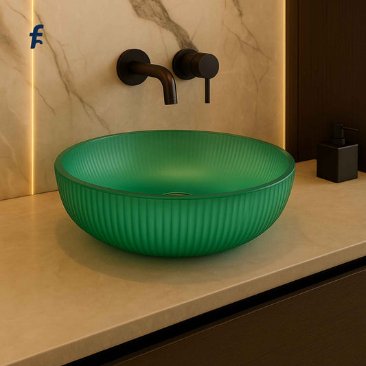 Side close-up angle of emerald green ribbed sink bowl on countertop