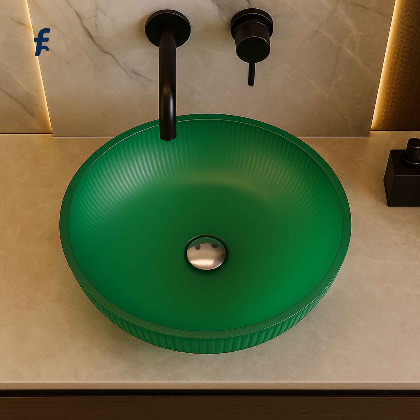 Top angle view of round green fluted glass bathroom basin