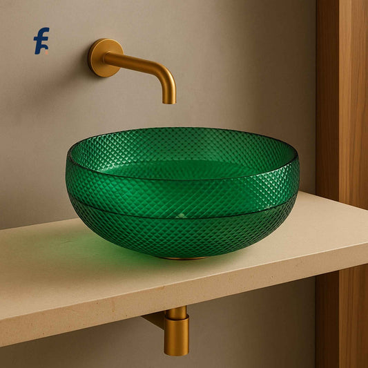 Emerald green textured glass wash basin – 420mm luxury designer round countertop sink for modern bathrooms