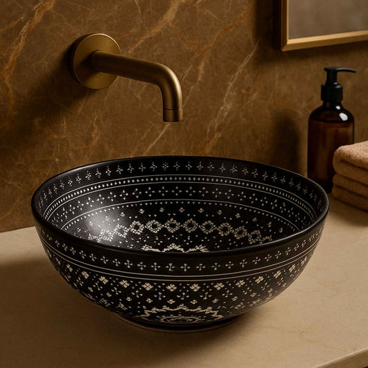 Close-up detailing of Moroccan design ceramic basin on luxury vanity