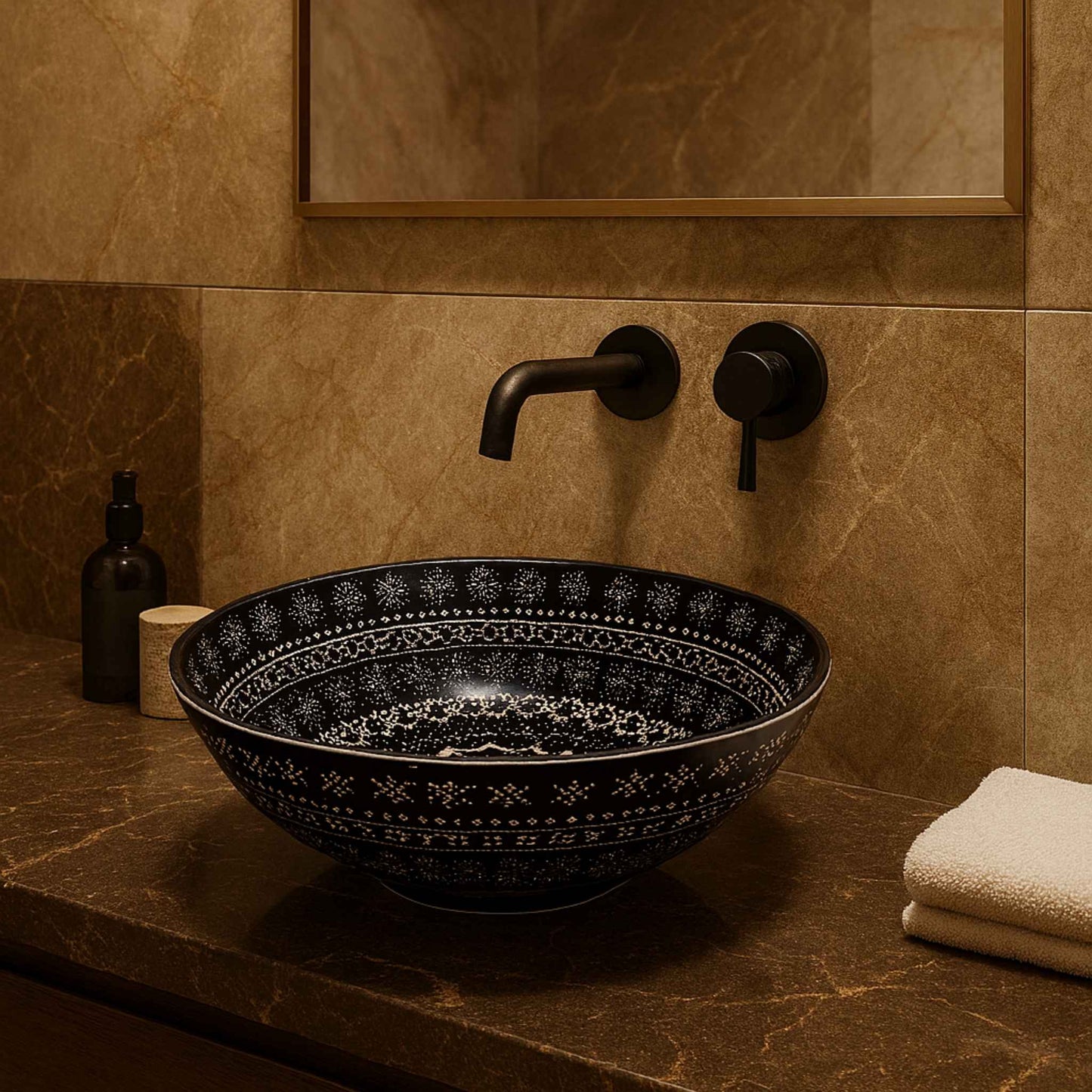 Front angle view of Moroccan patterned black washbasin on marble
