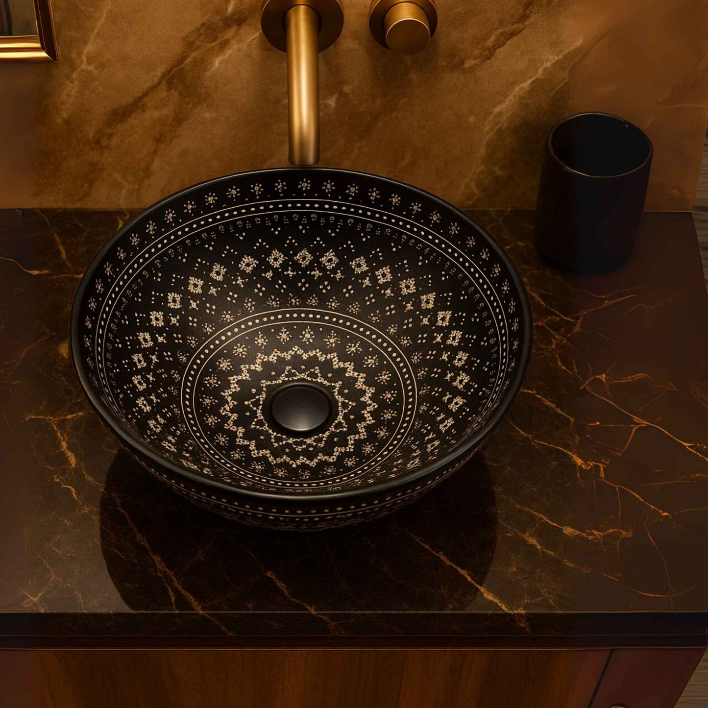 Top view of handcrafted Moroccan bowl basin in black and white