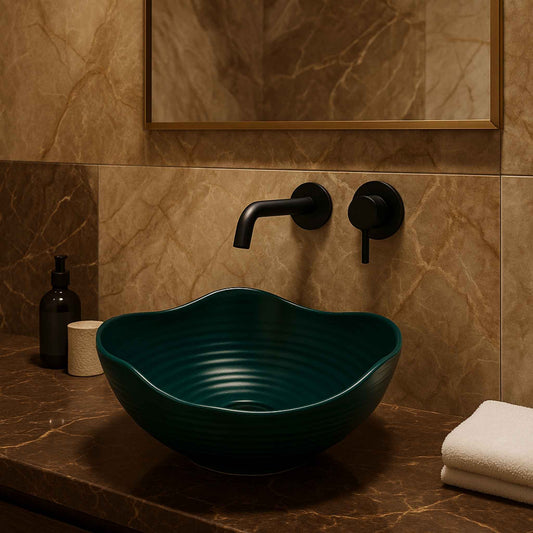 Front view of emerald green designer washbasin with black faucet