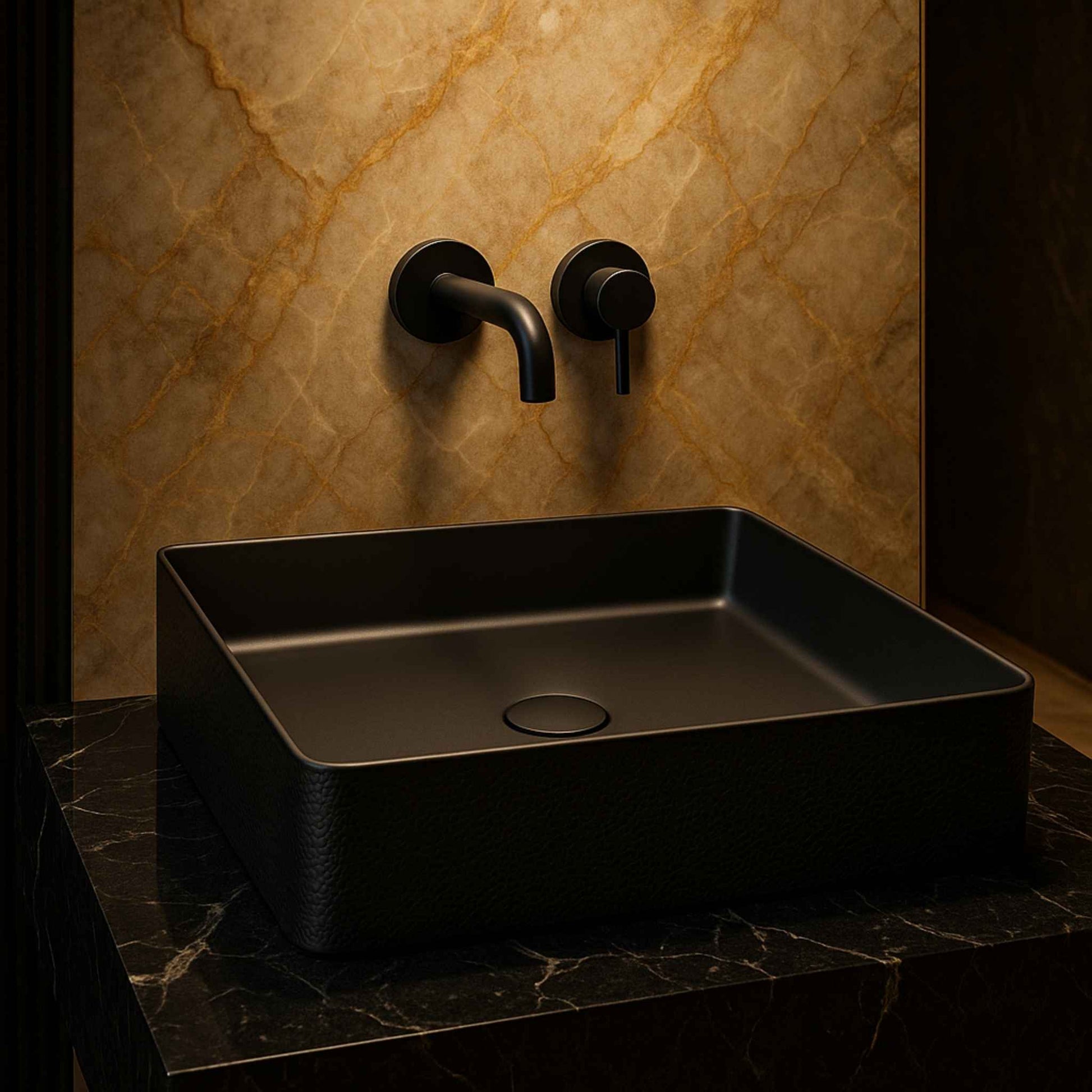 Black rectangular sink with wall-mounted faucet against a marble wall.