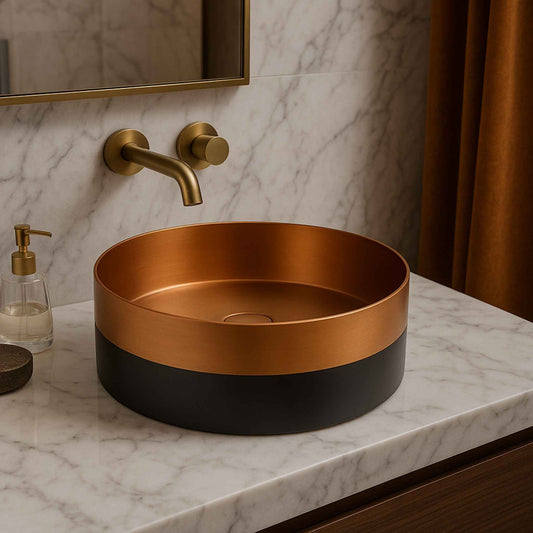 Front angle of rose gold and black round washbasin