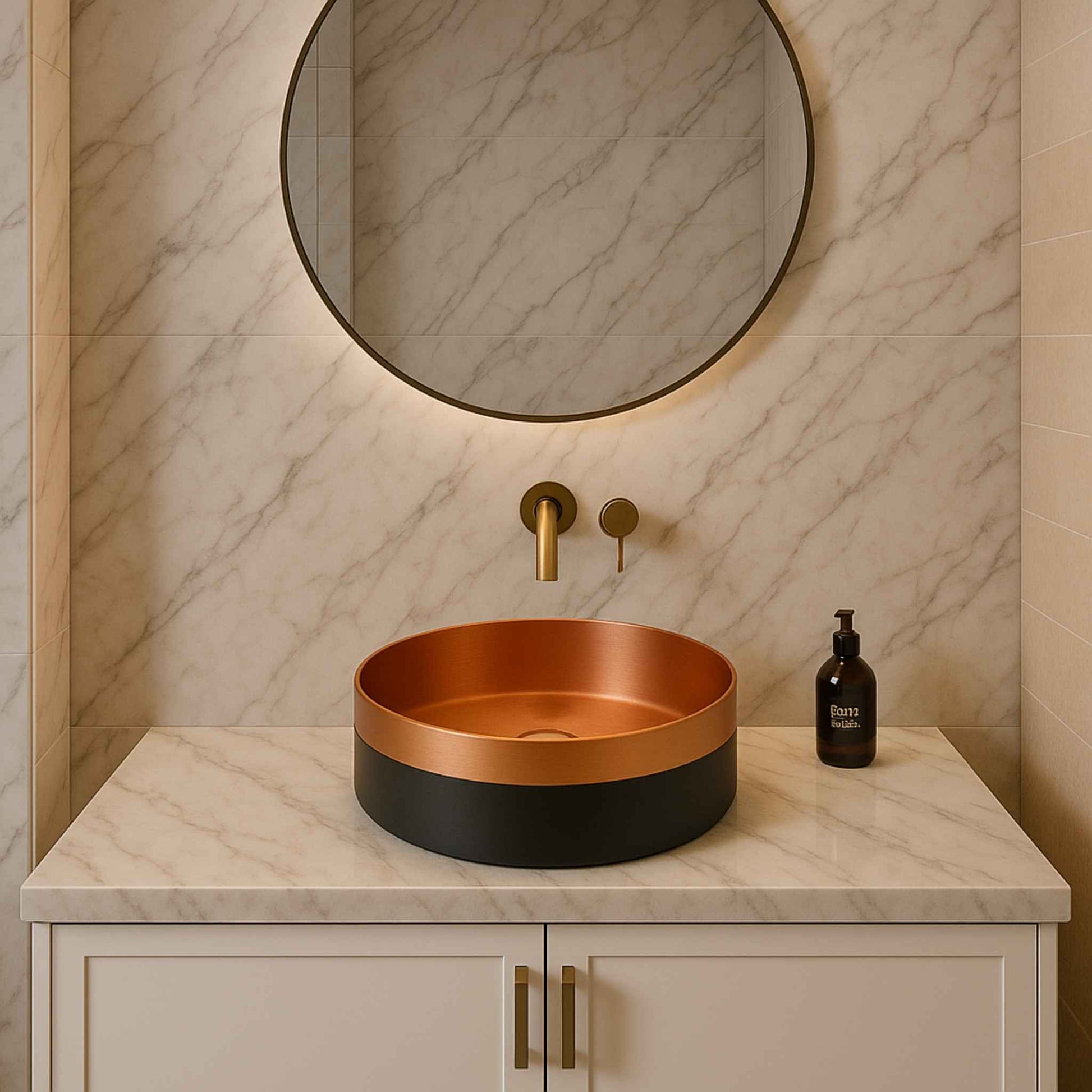 Bathroom vanity with a round copper sink, mirror, and soap dispenser.
