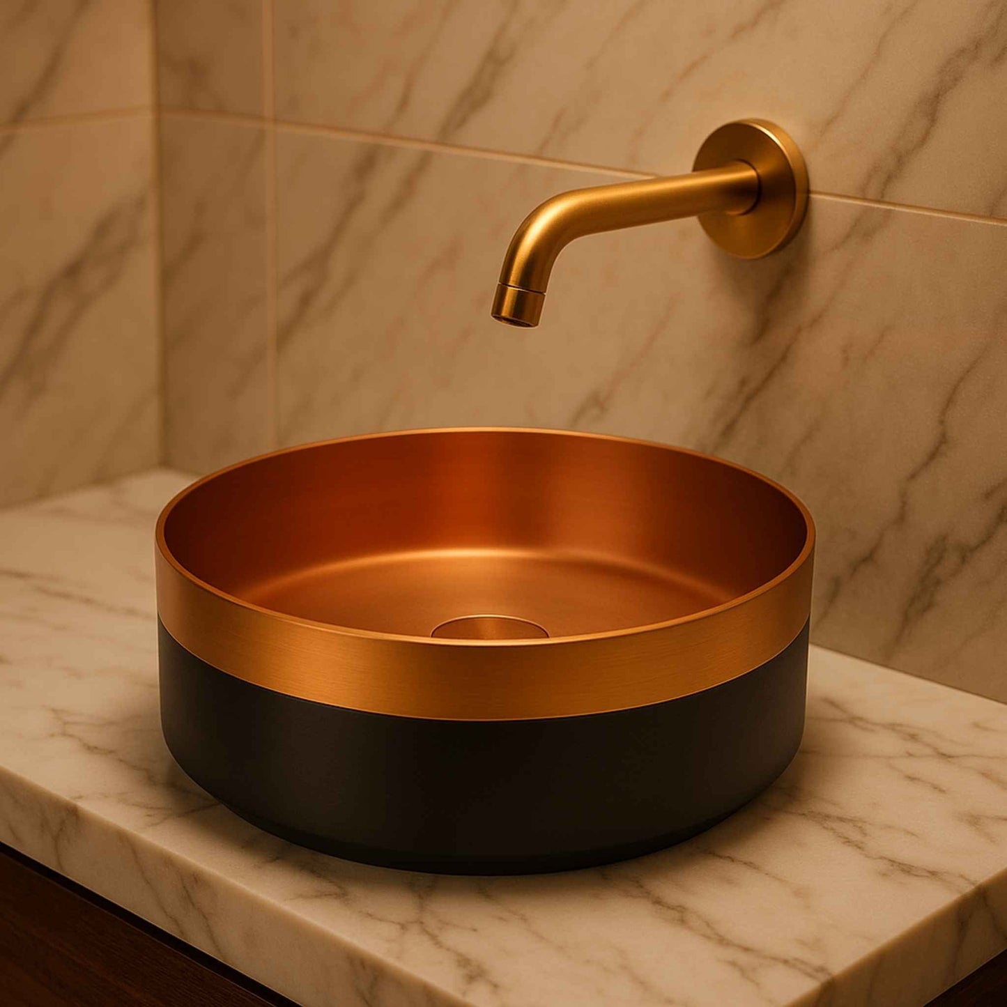 Side close view of designer round basin in rose gold