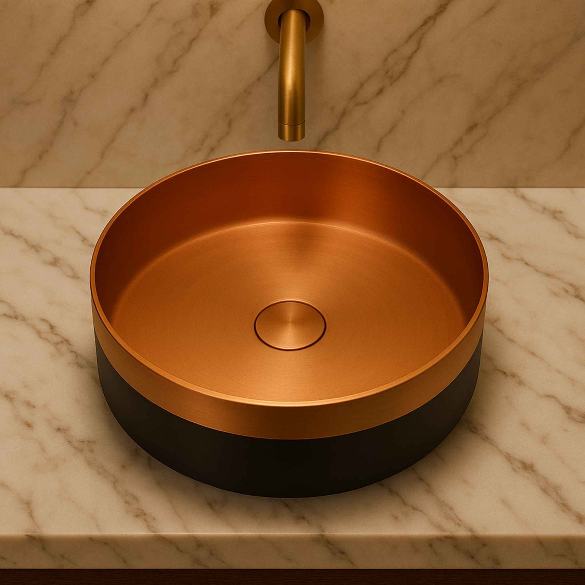 Top angle view of rose gold luxury bathroom sink