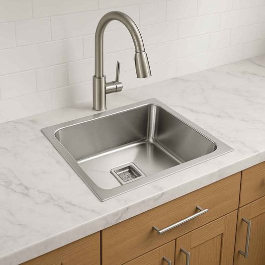 Essential Series square stainless steel kitchen sink with deep single bowl and modern drain design
