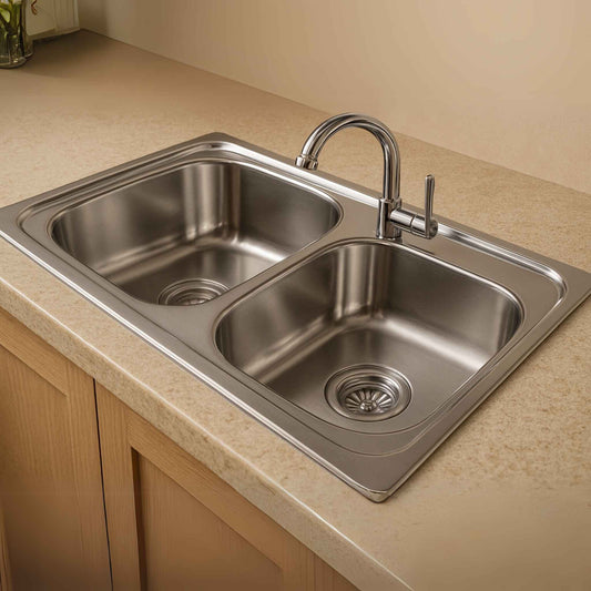 Side view showing the depth of dual stainless steel bowls in Essential Series sink