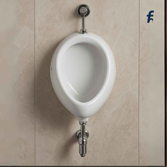 White urinal mounted on a beige tiled wall with a visible brand logo.