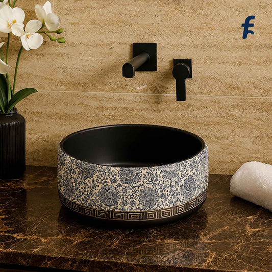  Luxurious floral patterned ceramic wash basin with matte black interior shown from front angle