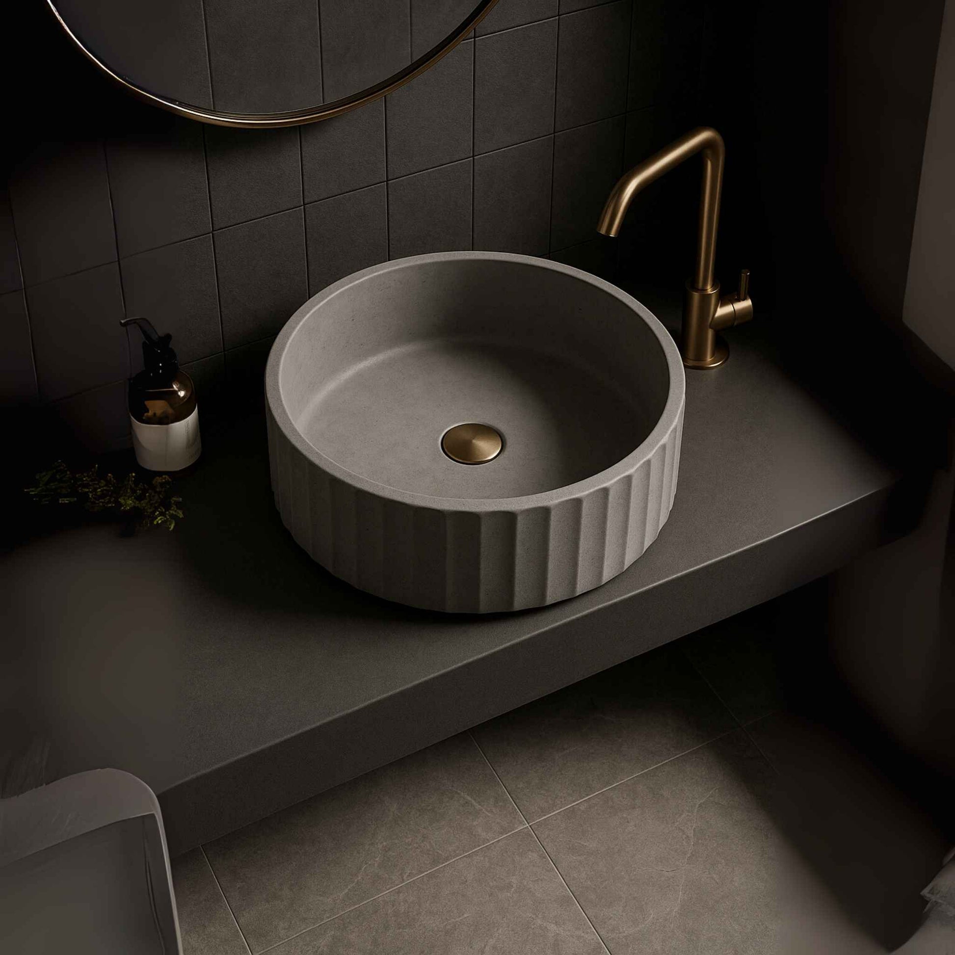 Top angle showcasing the smooth circular shape and fluted sides of the round concrete basin