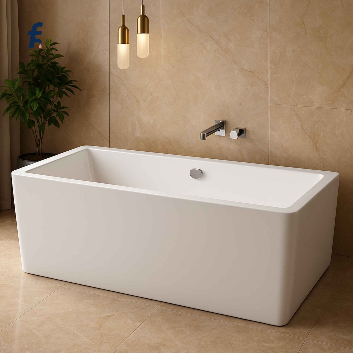 White freestanding bathtub in a bathroom with beige tiles and decorative elements.