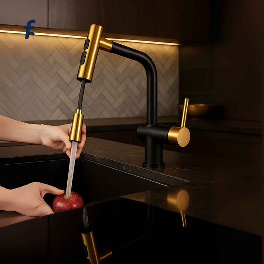 Front view of matte black and gold pull-out kitchen mixer tap with hot & cold lever