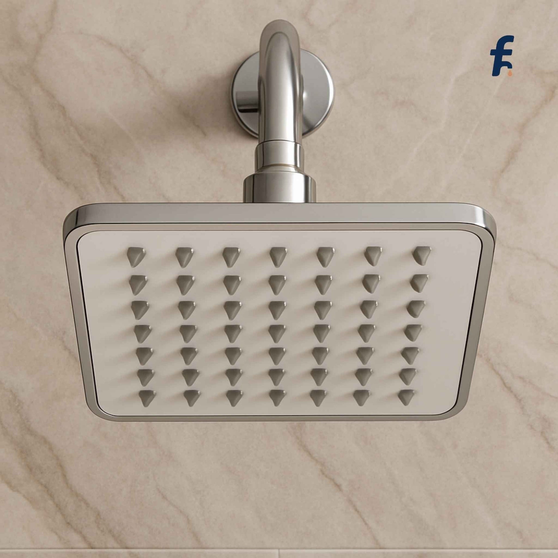 Metallic shower head on a marble wall background,  Front top view of rectangular chrome sandwich shower head mounted on marble bathroom wall