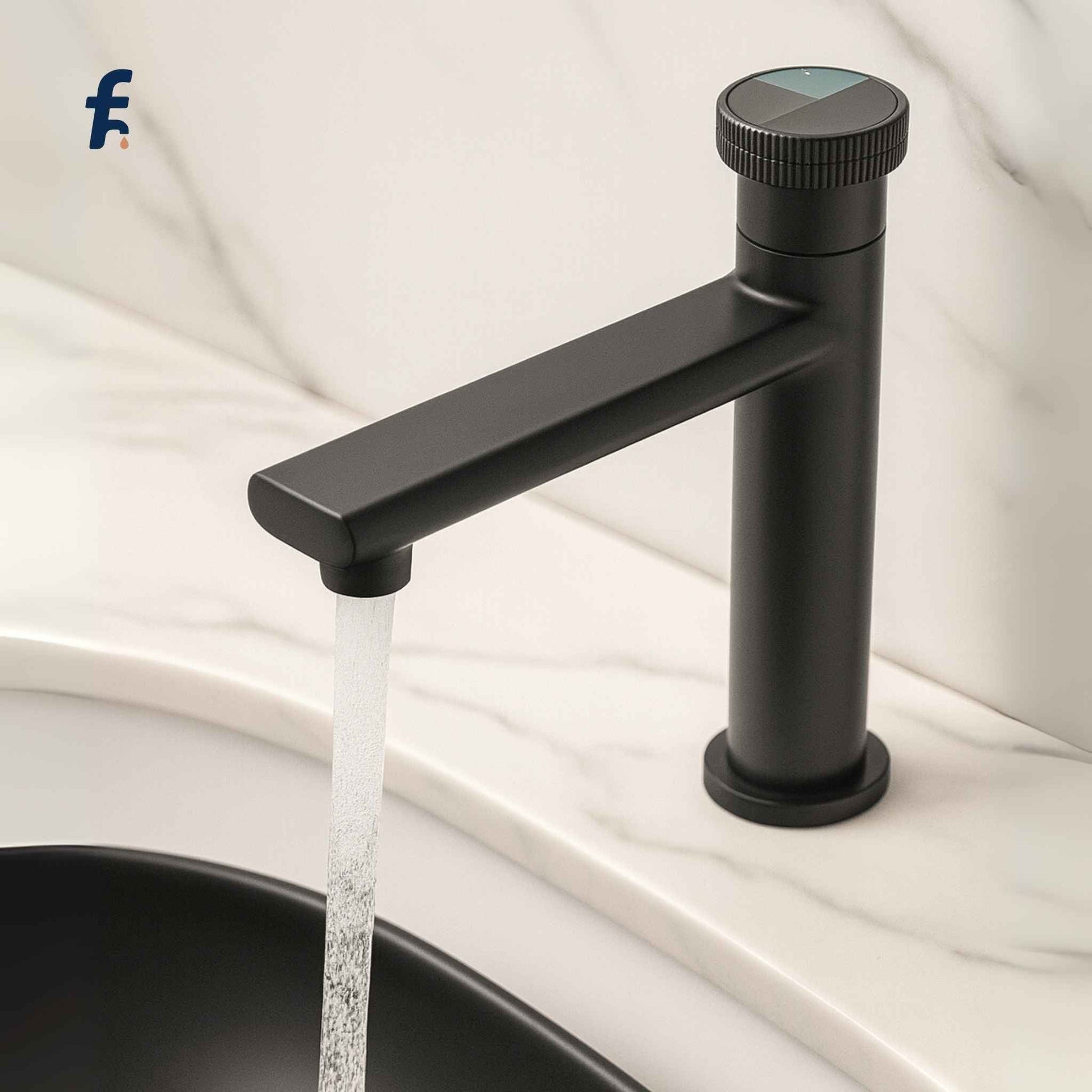 Black faucet with water flowing into a sink on a white background. Front view of luxury matte black designer faucet on bathroom vanity