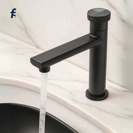 Black faucet with water flowing into a sink on a white background. Front view of luxury matte black designer faucet on bathroom vanity