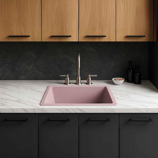 Modern modular kitchen with rose granite sink and dark Calacatta marble