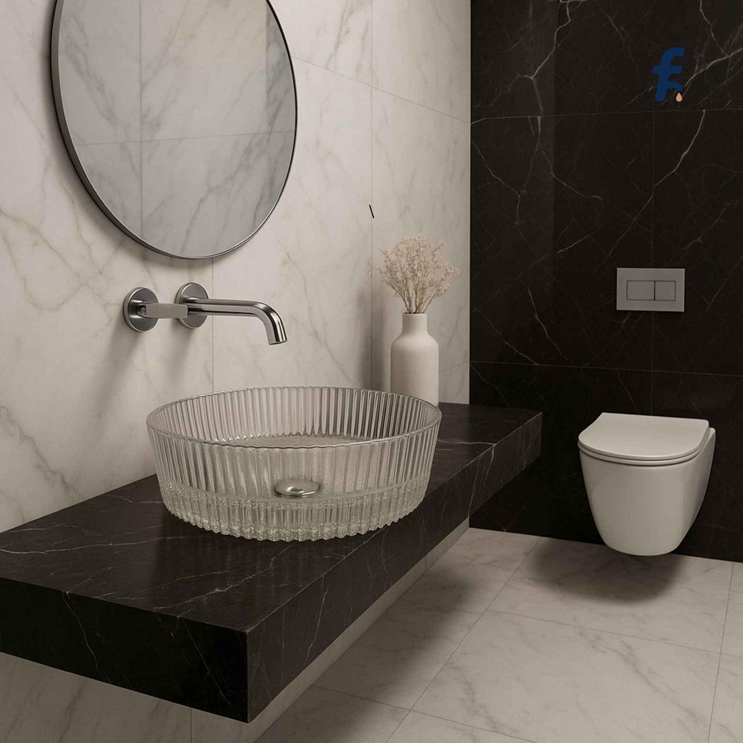 Modern bathroom with glass sink, round mirror, and wall-mounted toilet. Full view of luxury bathroom with Italian marble and glass vessel sink.
