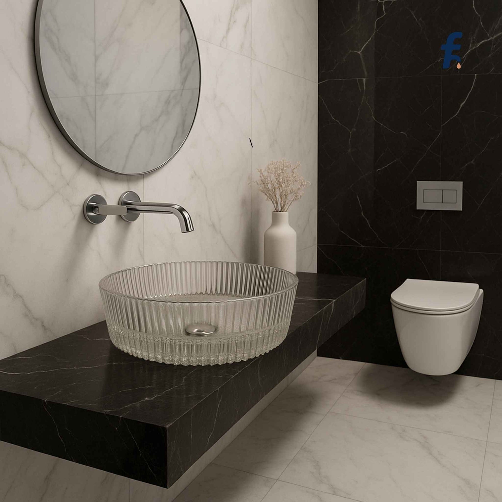 Modern bathroom with glass sink, round mirror, and wall-mounted toilet. Full view of luxury bathroom with Italian marble and glass vessel sink.