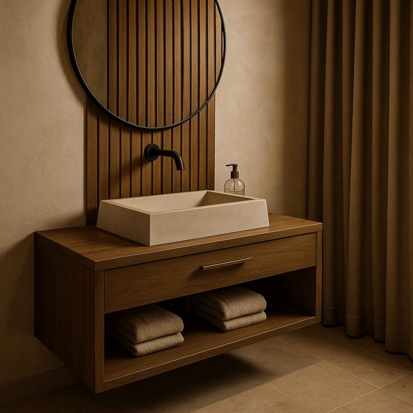 Full luxury washroom featuring Concrete 07 basin with modern rustic interior