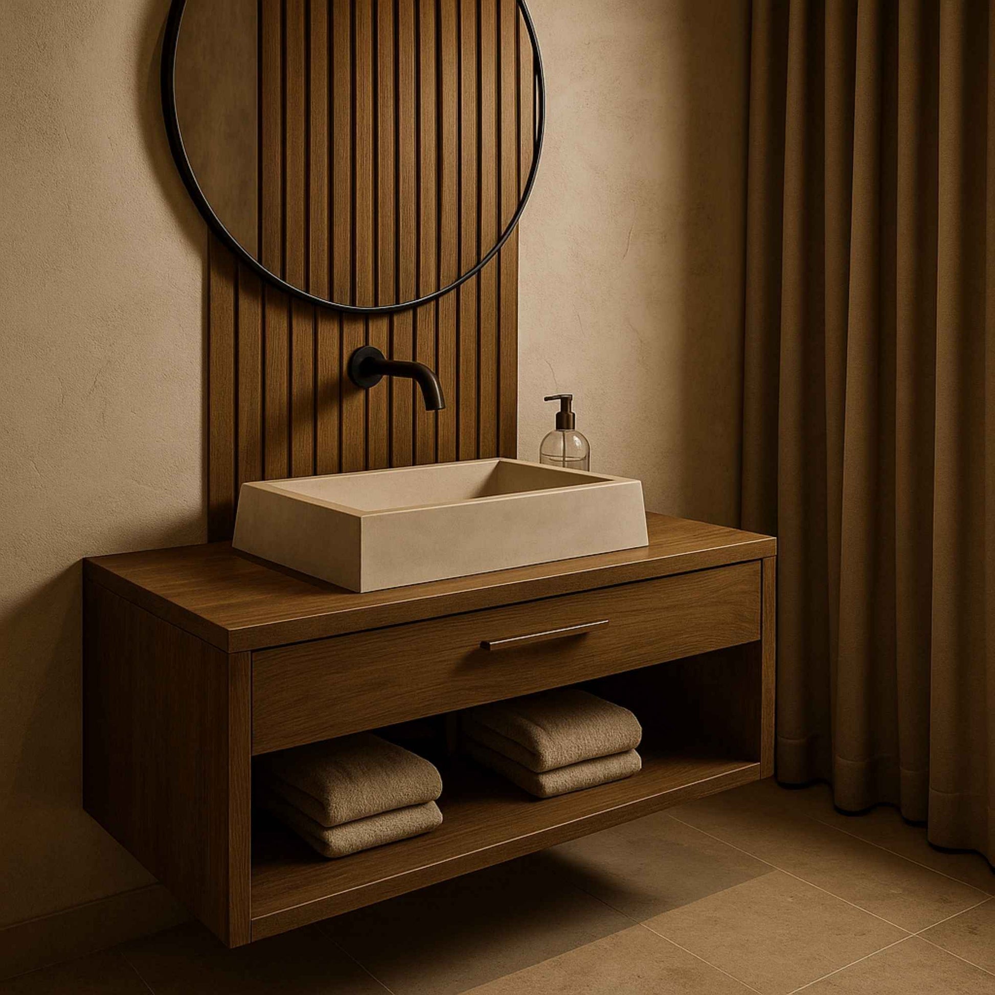 Full luxury washroom featuring Concrete 07 basin with modern rustic interior