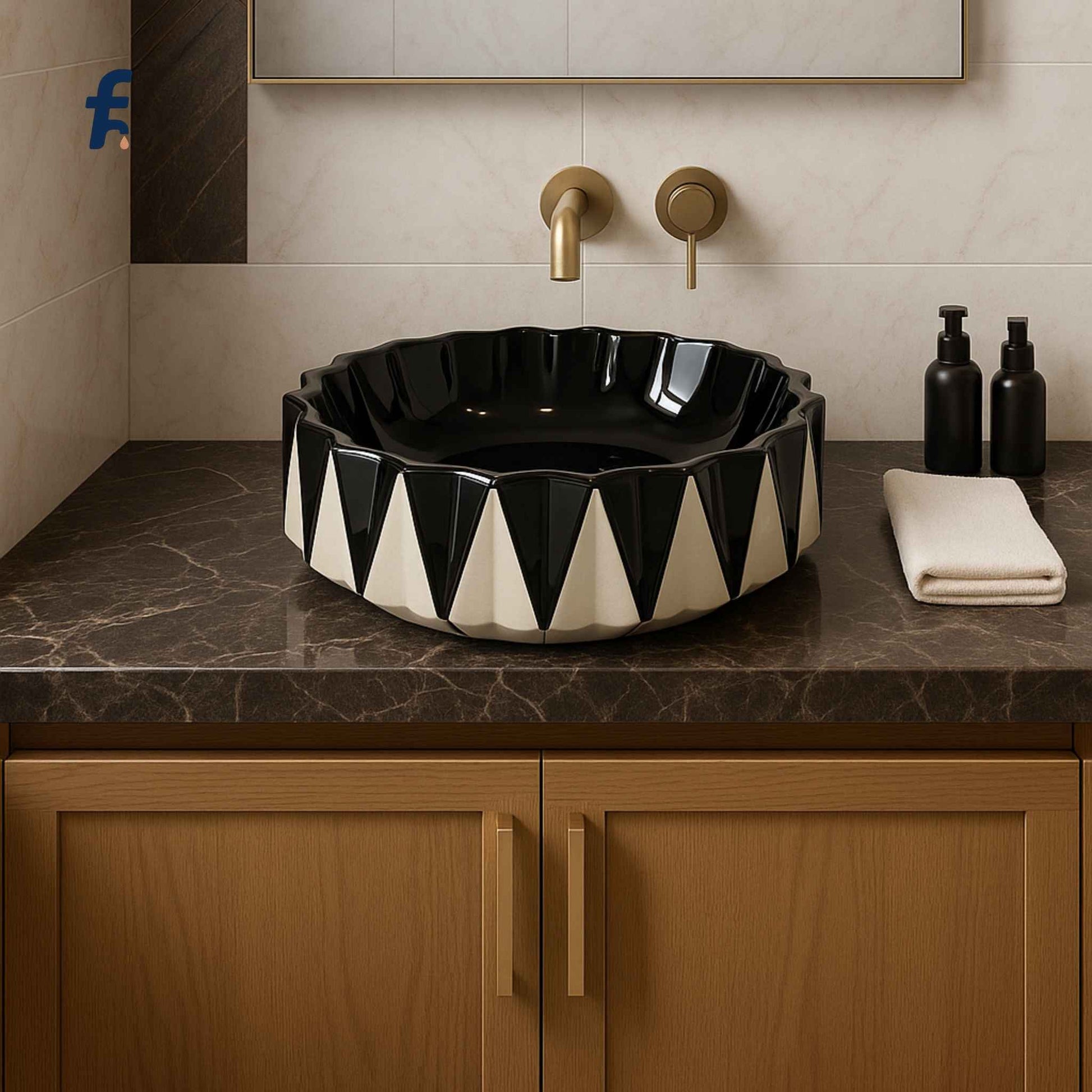 Black and white geometric-patterned sink on a marble countertop with wooden cabinets.