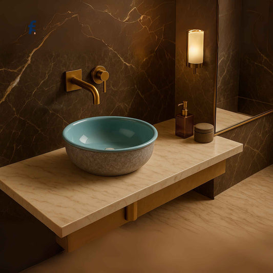 Bathroom sink with blue basin and gold faucet against a marble wall.