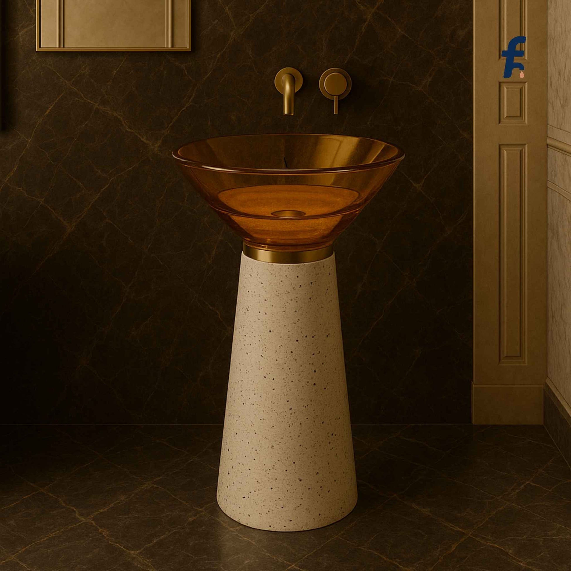 Bathroom sink with amber glass basin and white terrazzo base against a dark tiled wall. Complete bathroom setup featuring EQAS-085 luxury freestanding pedestal basin