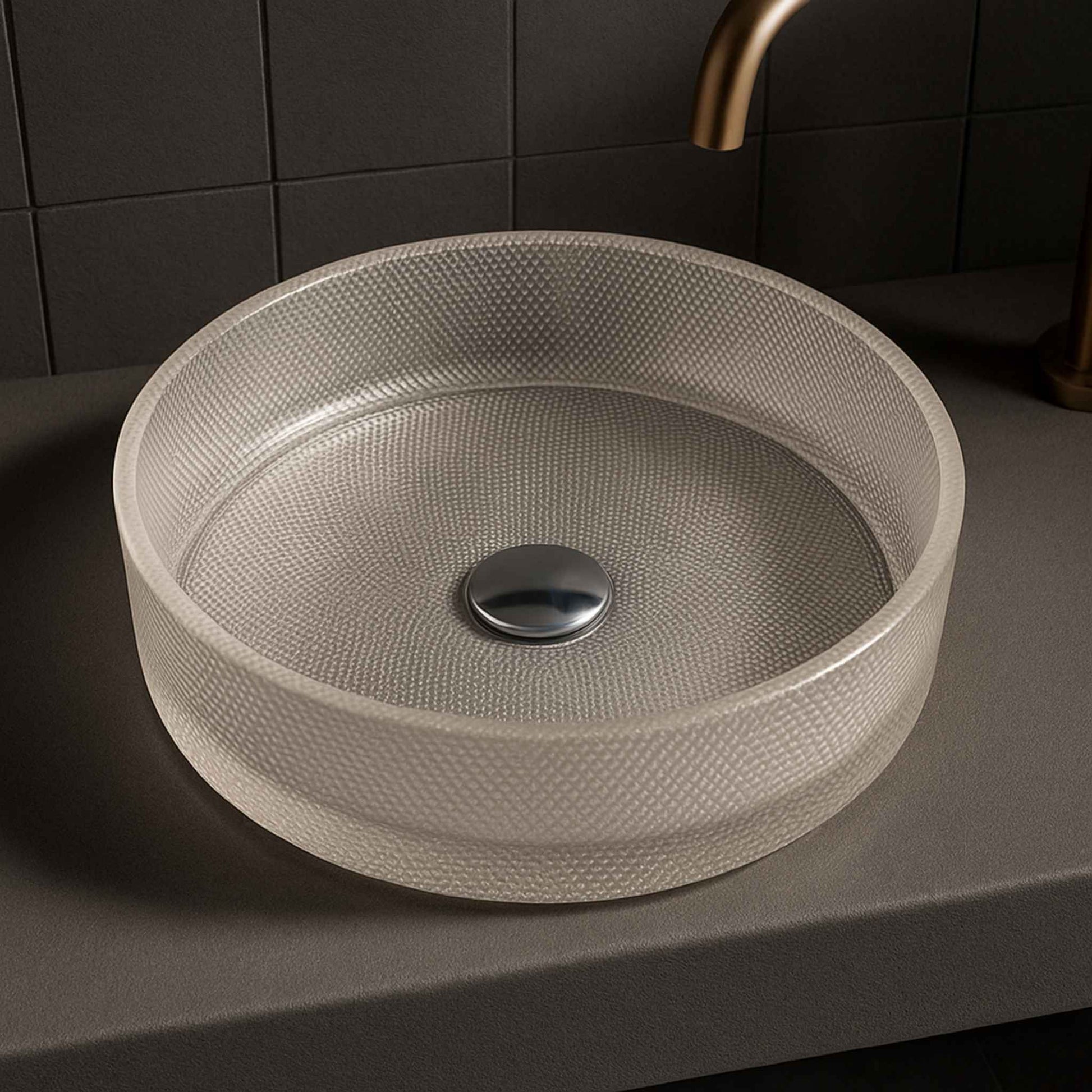 Round textured beige sink on a dark countertop with a tiled wall background