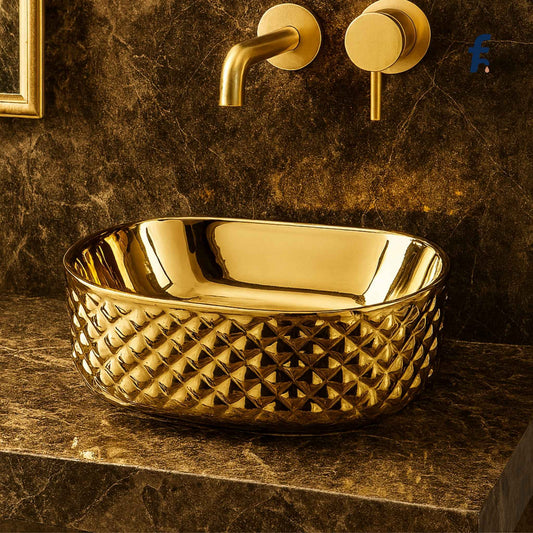 Luxury Gold Washbasin – Glossy Oval Designer Countertop Basin (450x340x135mm)