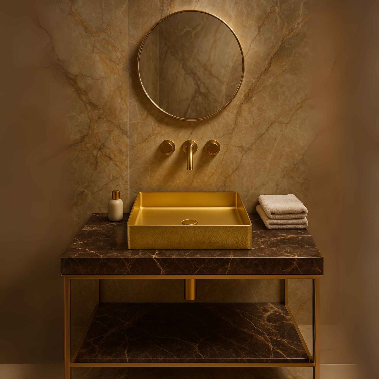 Full luxury bathroom view with gold hammered basin and marble counter