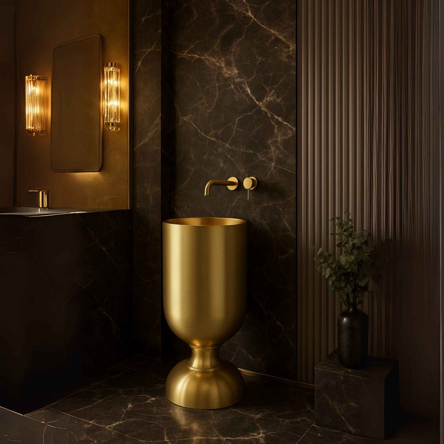 Side profile of freestanding gold pedestal sink