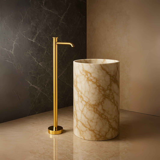 Full luxury bathroom with gun gold floor basin mixer and marble pedestal sink