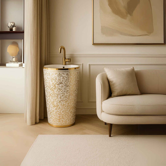 Regal floral pedestal basin styled in a luxury living room interior