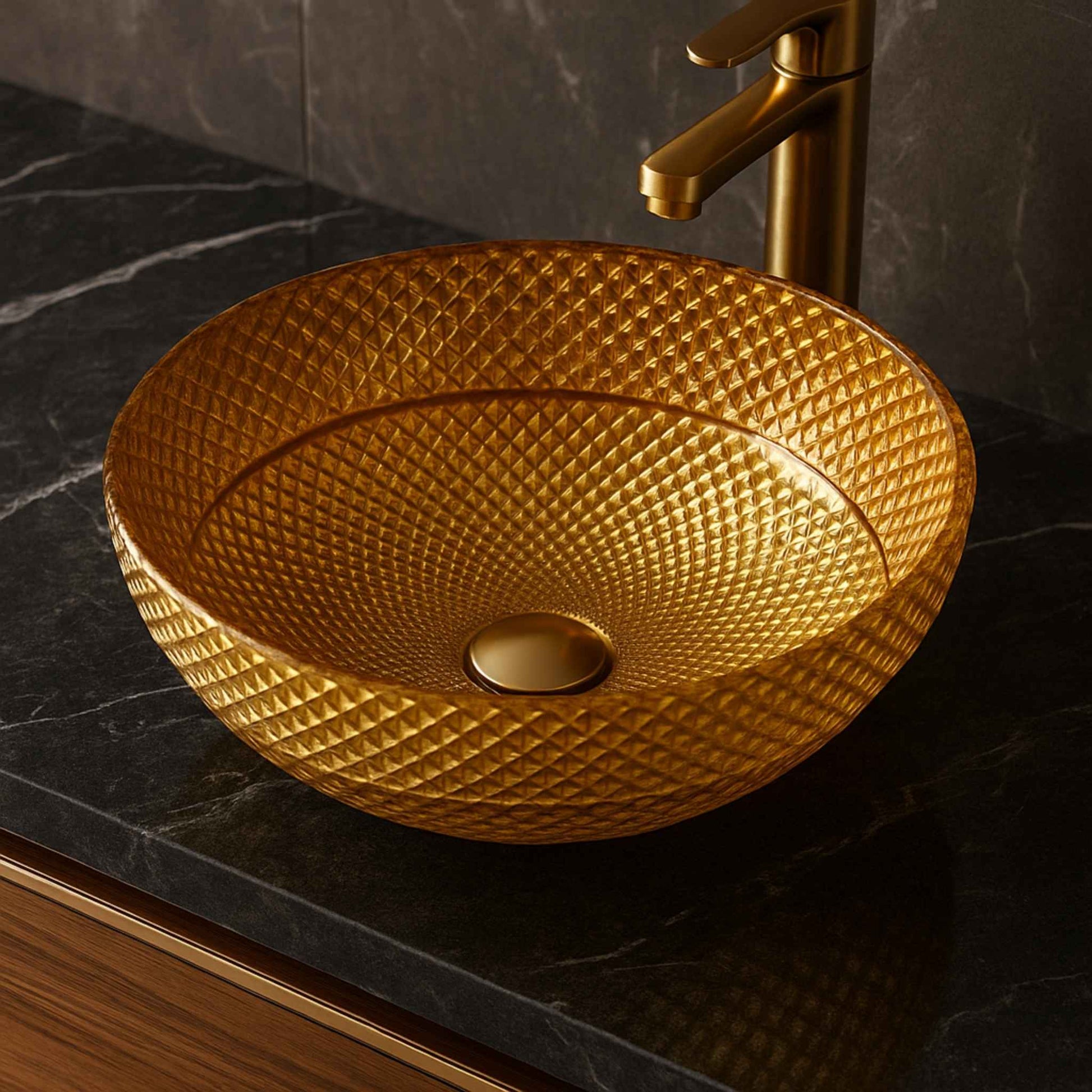 Detailed close-up of gold glass basin texture showing diamond pattern finish