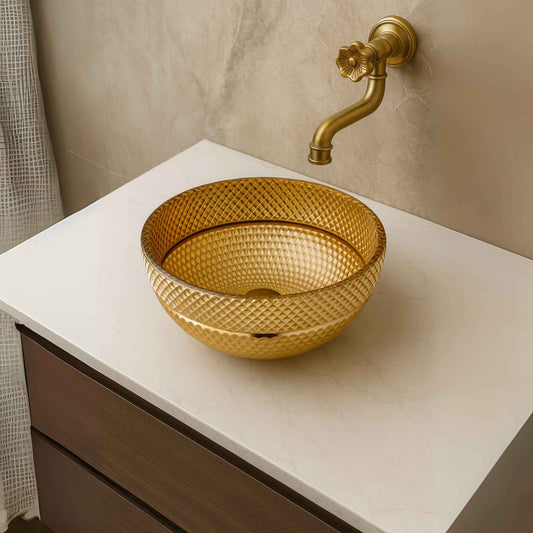  Front view of gold textured glass wash basin placed on premium vanity – 340x340x175mm luxury bowl