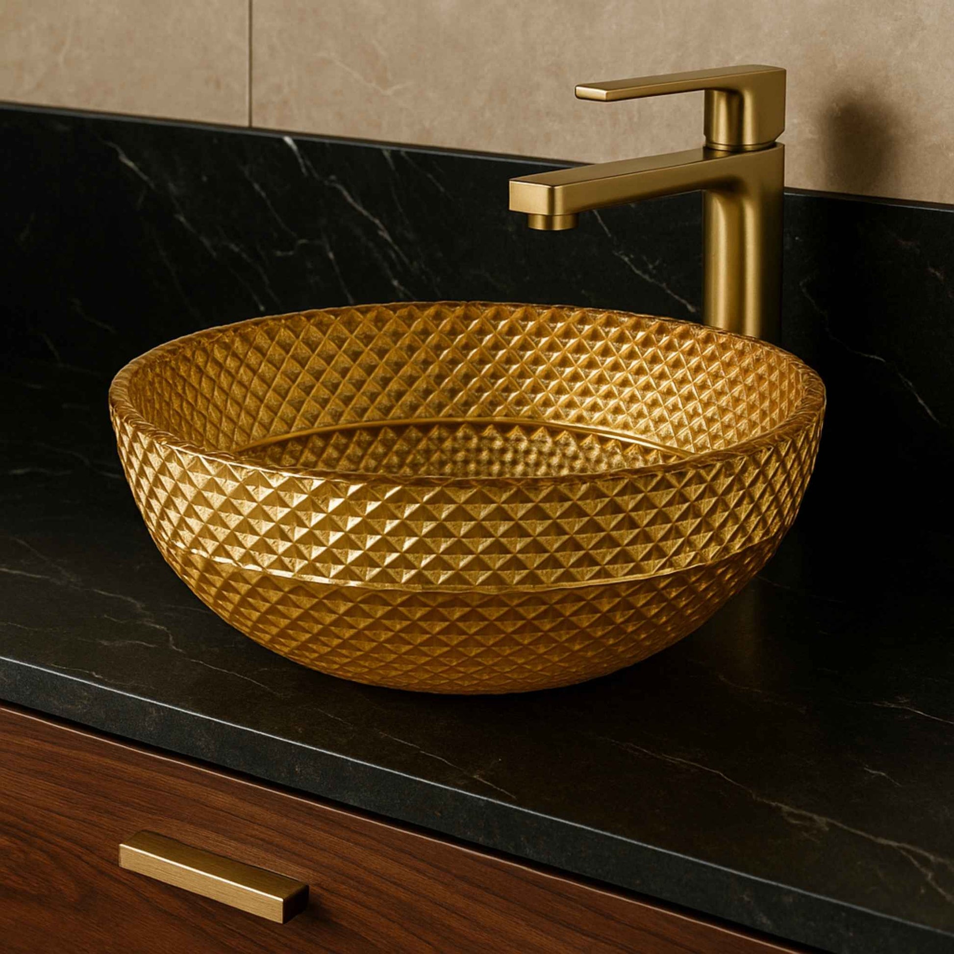 Side profile of compact gold glass wash basin with diamond texture – EQCB:005