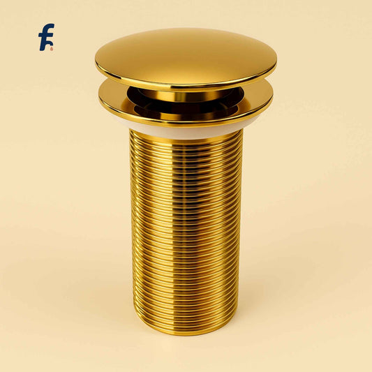 Front view of glossy gold pop-up waste coupling for premium basins