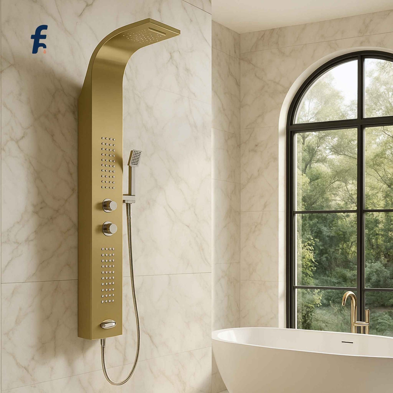 Gold shower panel system mounted on a tiled wall with a bathtub and window in the background.