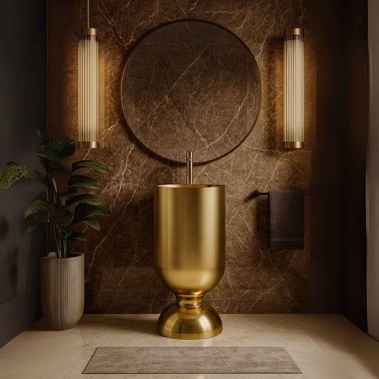 Gold sink in a bathroom with marble wall and plant