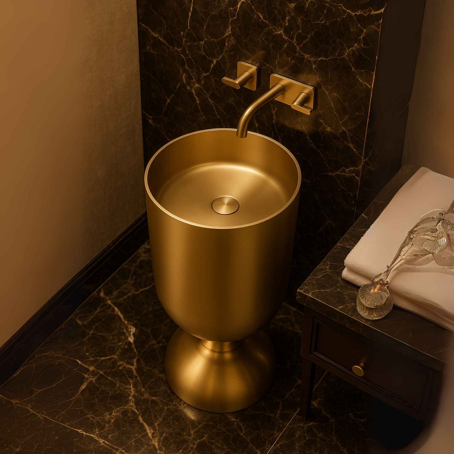 Top angle of gold pedestal sink with wall faucet